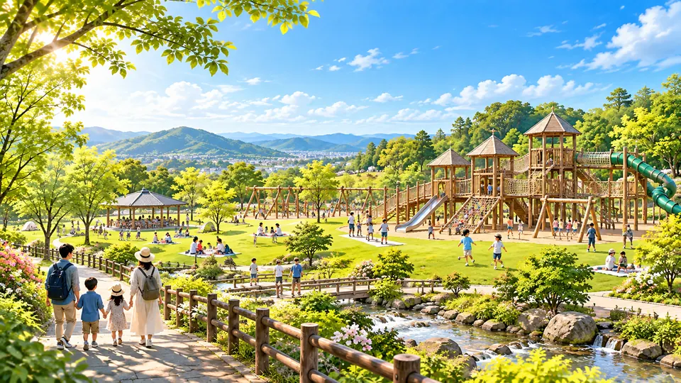大型遊具のある公園を表現したAI生成のイメージイラスト（実際の権現総合公園の写真ではありません）
