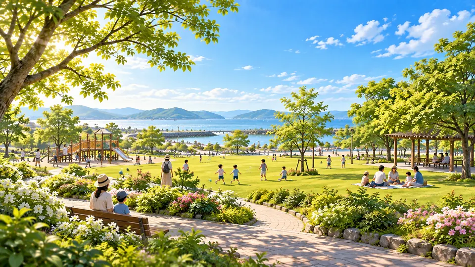 芝生と木々のある公園を表現したAI生成のイメージイラスト（実際の浜の宮公園の写真ではありません）