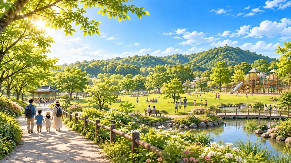 緑の広場と散策路を表現したAI生成のイメージイラスト（実際の日岡山公園の写真ではありません）