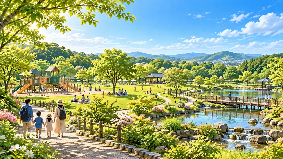 遊具と緑のある公園を表現したAI生成のイメージイラスト（実際の石ケ谷公園の写真ではありません）