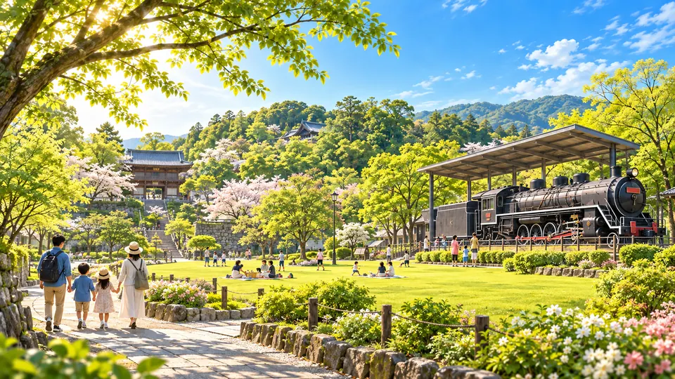 公園の蒸気機関車と散策風景を表現したAI生成のイメージイラスト（実際の鶴林寺公園の写真ではありません）