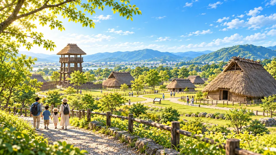 復元された古代の住居と散策風景を表現したAI生成のイメージイラスト（実際の大中遺跡公園の写真ではありません）