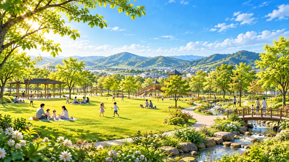 芝生広場でくつろぐ風景を表現したAI生成のイメージイラスト（実際の志方東公園の写真ではありません）